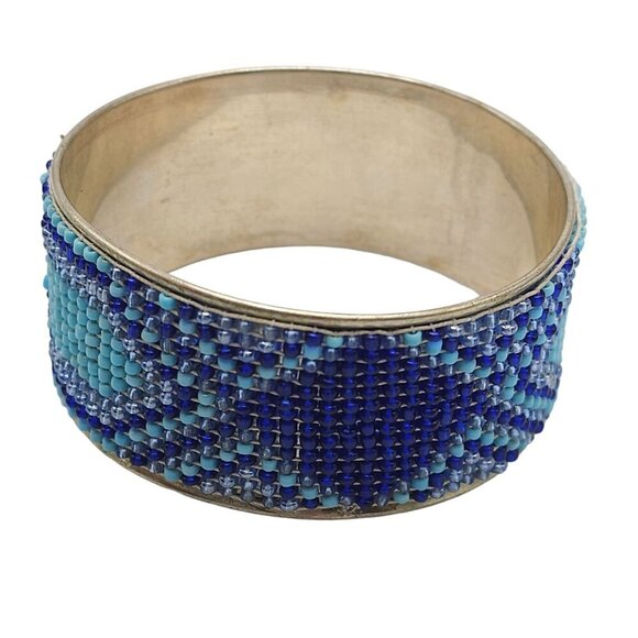 Blue Seed Beads Wide Bangle Bracelet Silver Tone Vintage - Picture 4 of 6